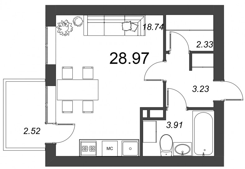 Студия 28.97 м²