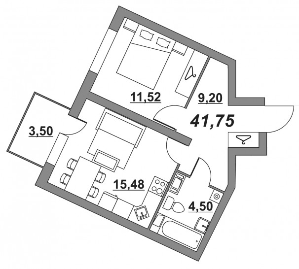 Однокомнатная квартира 41.75 м²