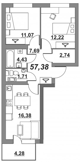 Двухкомнатная квартира 56.54 м²